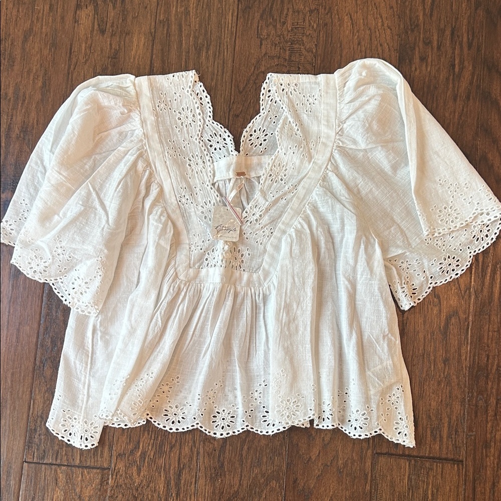 Free People White Eyelet Peasant Top